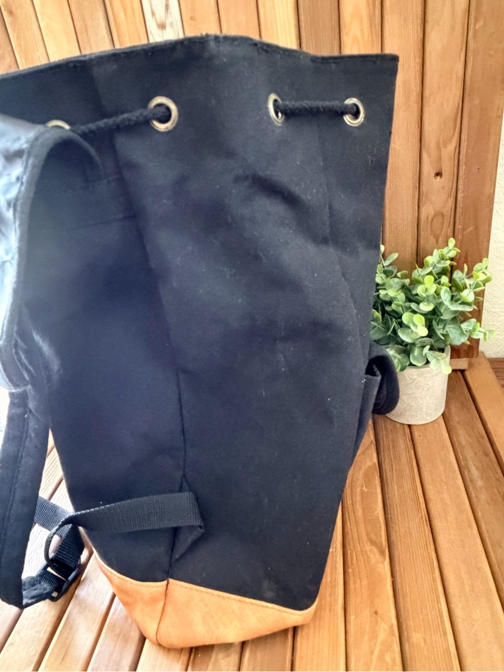 Black XL Canvas Backpack w/Camel Faux Leather Trim Minimalist, School Travel Bag - Picture 7 of 11